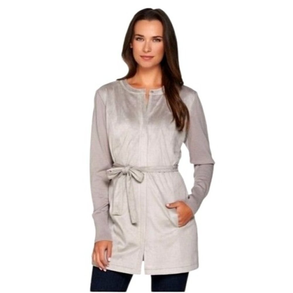 H By Halston Jacket Women 8 Gray Faux Suede Knit Sleeves‎ Tie Waist Trench Coat